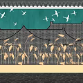 Traditional Chinese Architectural Facade with Green Backdrop Flying Cranes and Eave Details
