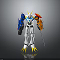 3D Robot Character Featuring Yellow Horns Blue Orange Arms White Body Claw Feet And Sword