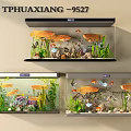 Colorful Aquatic Animals in Wall Mounted Fish Tanks with Aquatic Plants and Decorations