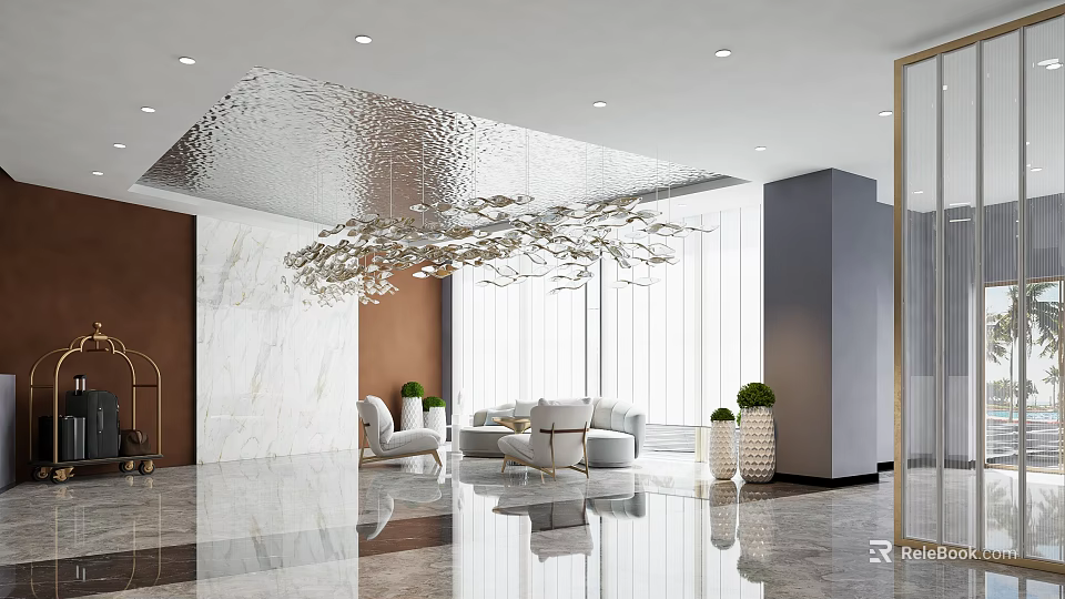 Modern Hotel Lobby With Silver Ceiling Chandelier Marble Wall White Sofas Green Plants Reflective Floor 3d model 