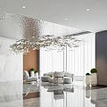 Modern Hotel Lobby With Silver Ceiling Chandelier Marble Wall White Sofas Green Plants Reflective Floor