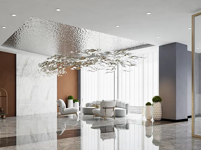 Modern Hotel Lobby With Silver Ceiling Chandelier Marble Wall White Sofas Green Plants Reflective Floor 3d model