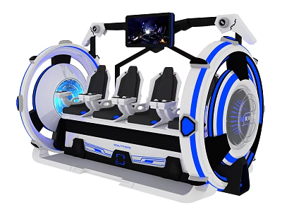 Modern VR Experience Equipment With Three Seats Circular Frame Blue White Lighting And Top Screen 3d model