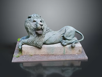 Reclining Lion Statue on Stone Plinth with Detailed Mane and Moss Accents 3d model