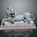 Reclining Lion Statue on Stone Plinth with Detailed Mane and Moss Accents