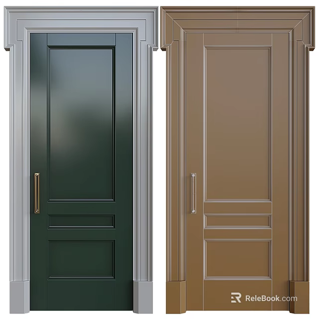Modern Swing Doors in Dark Green and Brown with Sleek Design and Metal Handles 3d model 