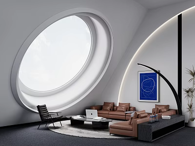 Modern Living Room With Circular Window White Walls Brown Sofa Black Chair And Blue Painting 3d model