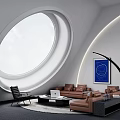 Modern Living Room With Circular Window White Walls Brown Sofa Black Chair And Blue Painting
