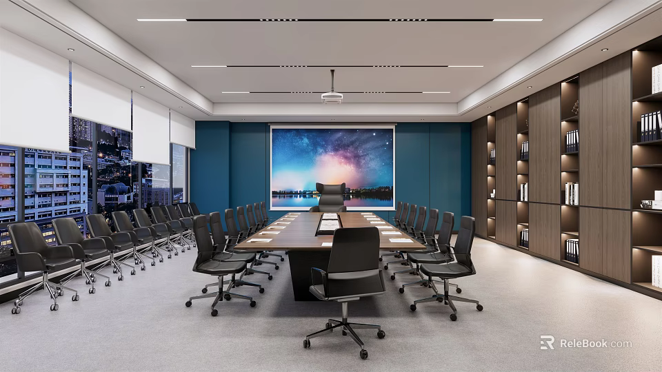 Modern Conference Room With Long Table Black Chairs Large Screen Blue Walls And Bookshelves 3d model 