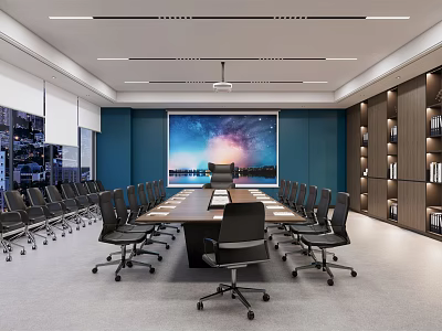 Modern Conference Room With Long Table Black Chairs Large Screen Blue Walls And Bookshelves 3d model