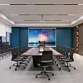 Modern Conference Room With Long Table Black Chairs Large Screen Blue Walls And Bookshelves