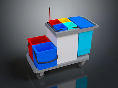Multi Colored Waste Sorting Cleaning Cart With Mobile Wheels And Storage Bins 3d model