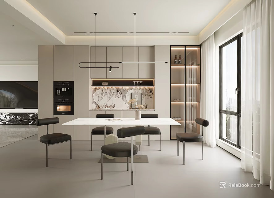 Modern Restaurant Interior With Marble Dining Table Black Chairs And Floor to Ceiling Windows 3d model