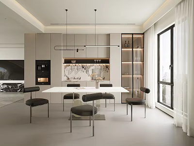 Modern Restaurant Interior With Marble Dining Table Black Chairs And Floor to Ceiling Windows 3d model
