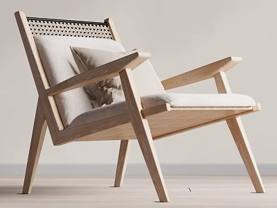 Modern Wooden Frame Leisure Chair With Woven Backrest And Light Colored Cushion 3d model