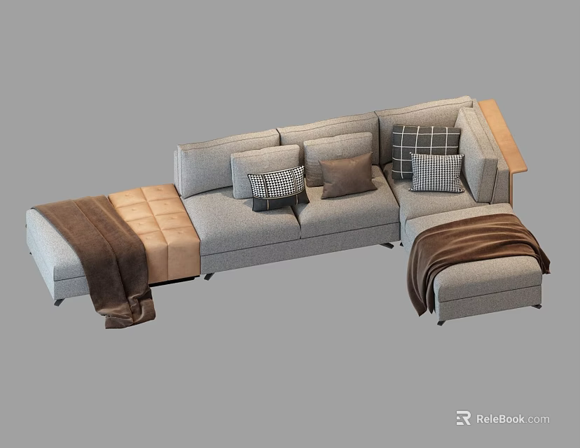 Casual L-shaped Sofa Set with Plush Cushions Patterned Pillows and Cozy Throw Blanket 3d model