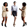 Three Women Standing And Using Smartphones In Casual Professional Blazer Outfits