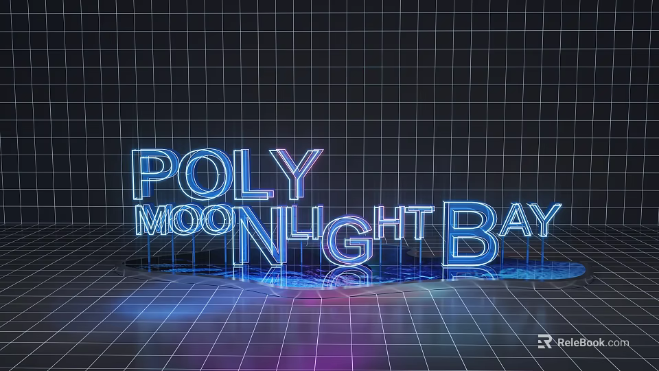 3D Text Poly Moonlight Bay with Grid Background Glowing Lighting Effects and Reflection 3d model 