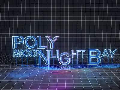 3D Text Poly Moonlight Bay with Grid Background Glowing Lighting Effects and Reflection 3d model