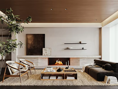 Modern Living Room Interior With Sofa Chairs Coffee Table Fireplace Artwork And Plant 3d model