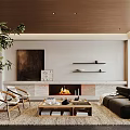 Modern Living Room Interior With Sofa Chairs Coffee Table Fireplace Artwork And Plant