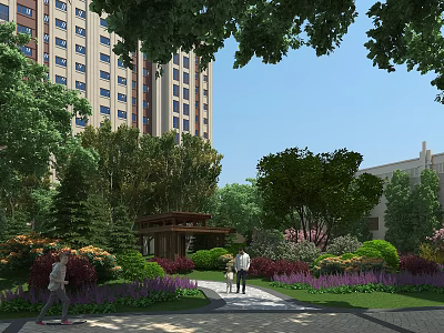 Tranquil Residential Landscape With Tall Buildings Trees Flowers Gazebo Pathway And People Walking 3d model