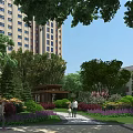 Tranquil Residential Landscape With Tall Buildings Trees Flowers Gazebo Pathway And People Walking