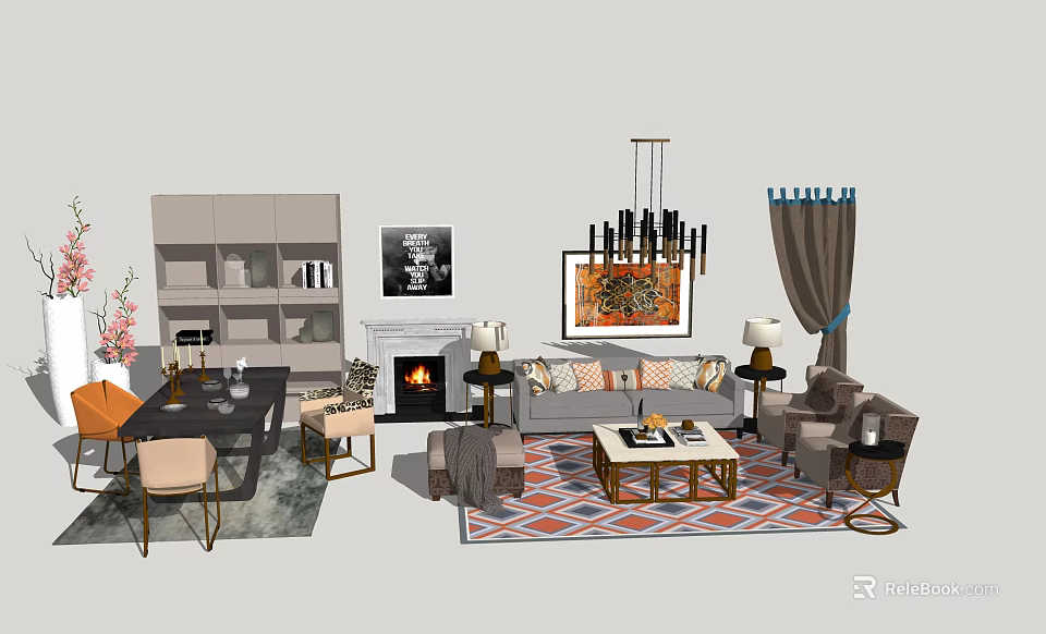 Modern Living Room Interior With Sofa Coffee Table Set Fireplace Chandelier And Decorative Rug 3d model 