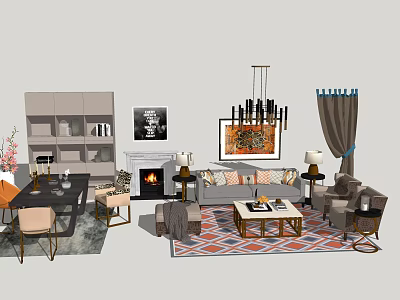 Modern Living Room Interior With Sofa Coffee Table Set Fireplace Chandelier And Decorative Rug 3d model