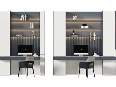 Modern Bookcase with Shelves Books Decorative Items and Lamp Under Desk with Computer and Chair 3d model
