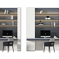 Modern Bookcase with Shelves Books Decorative Items and Lamp Under Desk with Computer and Chair