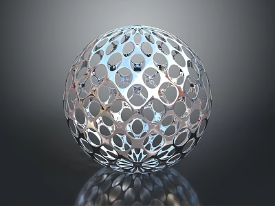 Silver Hollow Sphere With Patterned Circular Holes And Reflection On Dark Background 3d model