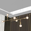 Modern Linear Chandelier With White Spherical Bulbs Hanging In Elegant Interior With Gray Curtains And Cabinets