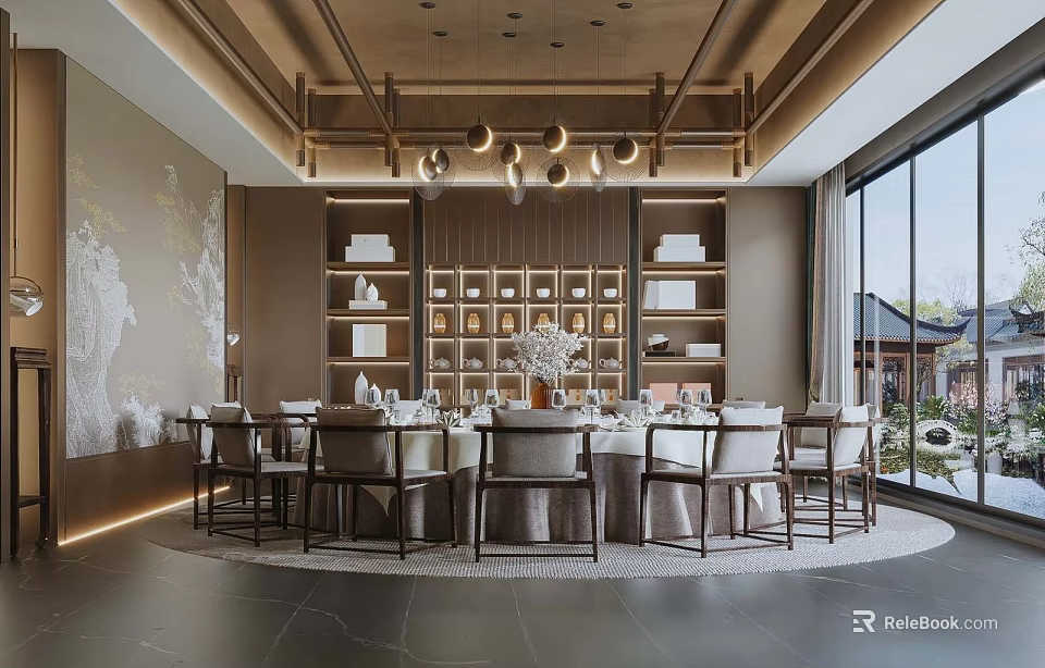 Chinese Style Private Dining Room With Round Table Chairs Display Shelves And Pendant Lights 3d model 