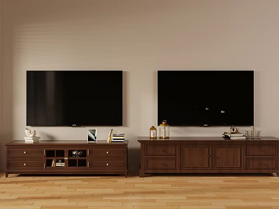 Brown Wooden TV Stands With Decorative Items And Flat Screen TVs Mounted On Wall 3d model
