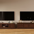 Brown Wooden TV Stands With Decorative Items And Flat Screen TVs Mounted On Wall