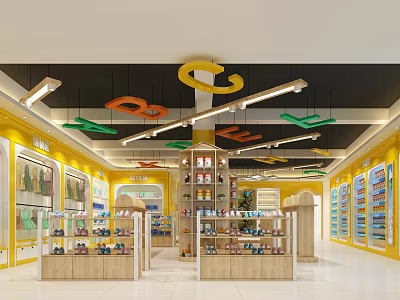 Bright Retail Store Interior With Display Shelves Colorful Ceiling Decor And Product Displays 3d model