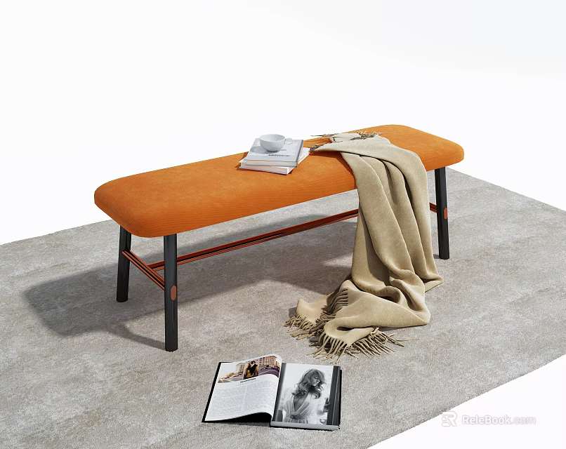 Orange Sofa Bench With Books And Cup And Blanket Beside Magazine On Floor 3d model 