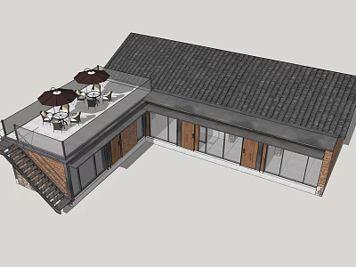 Traditional Modern Boutique Guesthouse Building With Black Tile Roof Red Brick Walls And Terrace Seating 3d model