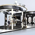 Modern Exhibition Booth Design With Black Gold Curved Structure And Display Cabinets
