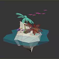 Tropical Floating Island Landscape with Blue Water Palm Trees Pink Flamingos and Flying Pink Birds