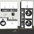 White Modern Bathroom Cabinetry Design With Built-in Washing Machines And Storage Shelves