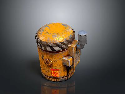 Rusty Yellow Explosive Weapon With Black White Warning Stripes Red Sign And Silver Component 3d model