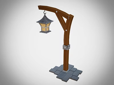 Vintage Wooden Street Lamp With Metal Hook Lantern And Stone Base 3d model