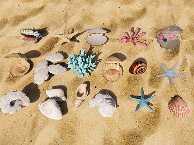 Beach Themed Decorative Ornament Set With Shells Starfish Coral And Sand 3d model