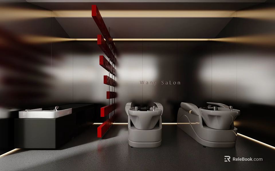 Modern Hair Salon Interior With Gray Styling Chairs Black Countertops And Red Decorative Strips 3d model 