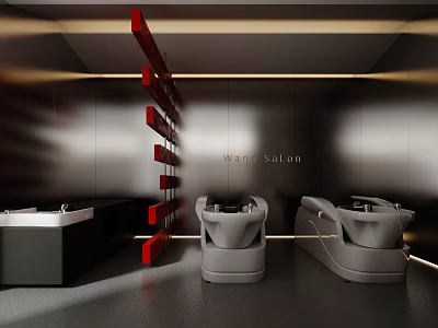 Modern Hair Salon Interior With Gray Styling Chairs Black Countertops And Red Decorative Strips 3d model