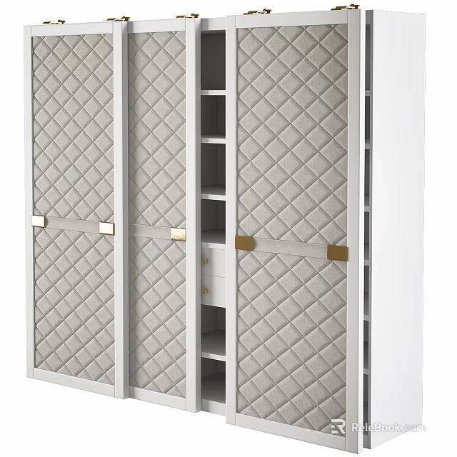 Elegant Modern Wardrobe with Quilted Diamond Pattern Sliding Doors Open Shelves and Golden Handles 3d model 