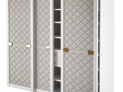 Elegant Modern Wardrobe with Quilted Diamond Pattern Sliding Doors Open Shelves and Golden Handles 3d model