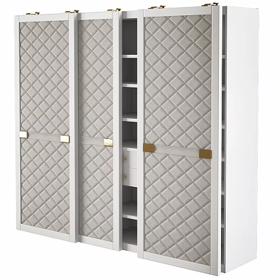Elegant Modern Wardrobe with Quilted Diamond Pattern Sliding Doors Open Shelves and Golden Handles 3d model